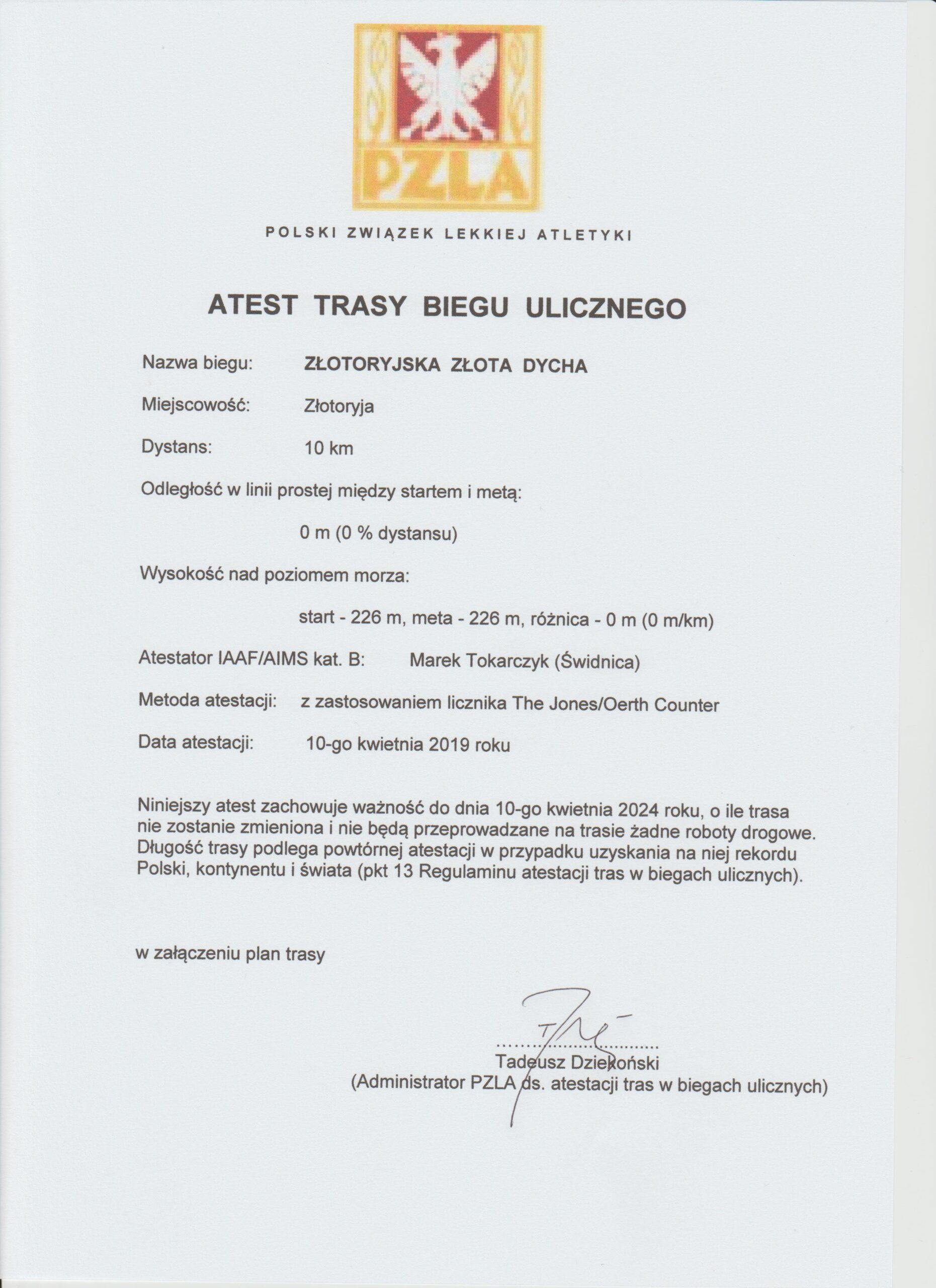 Złota Dycha - atest trasy 10 km